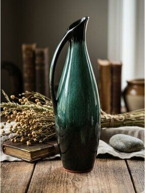 Blue Mountain Pottery Pitcher Green Black Drip Glaze MCM Canada Ewer 12" Vase